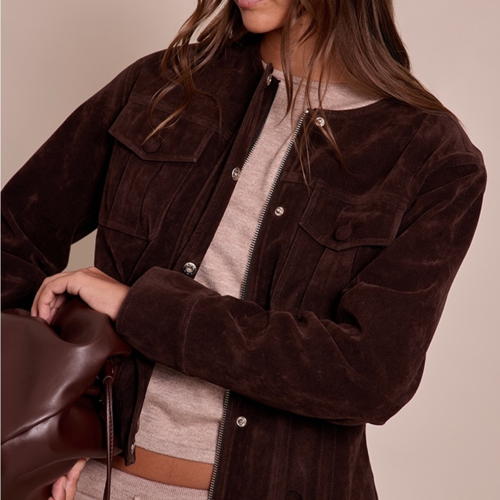 🍫Chocolate Faux Suede Covered Button Cinched Waist Jacket- NWT